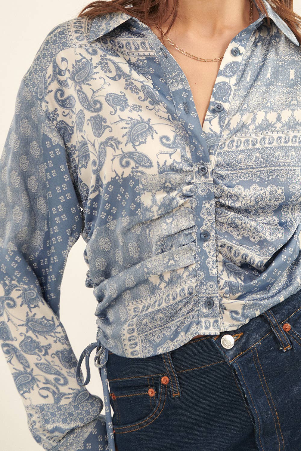 Paisley Patchwork Print Collar Neck Woven Blouse - Texas Front Porch