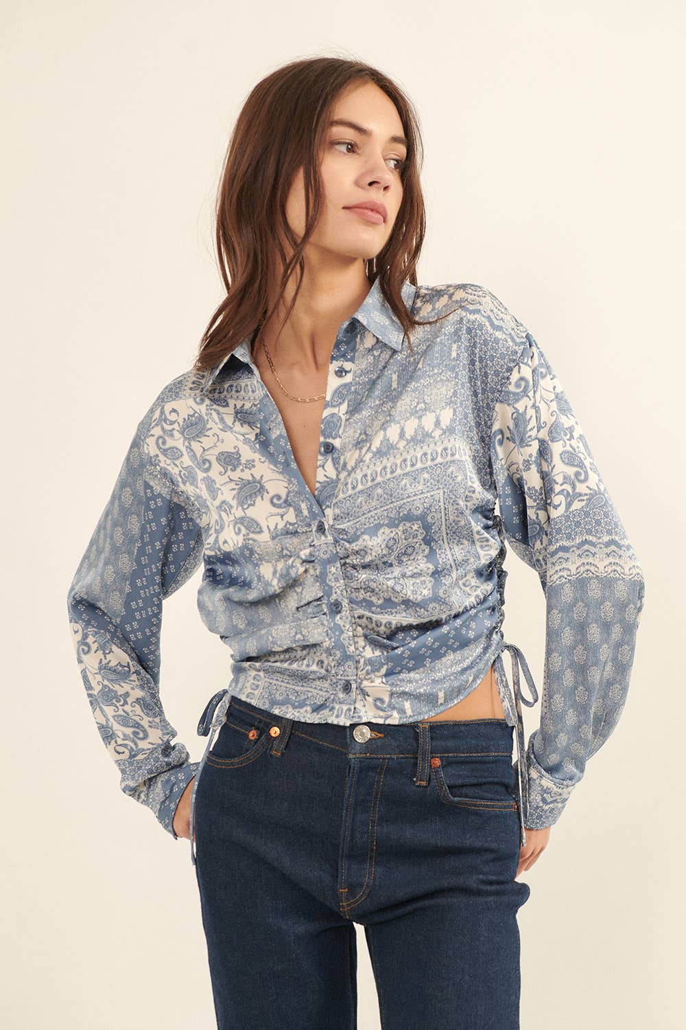 Paisley Patchwork Print Collar Neck Woven Blouse - Texas Front Porch