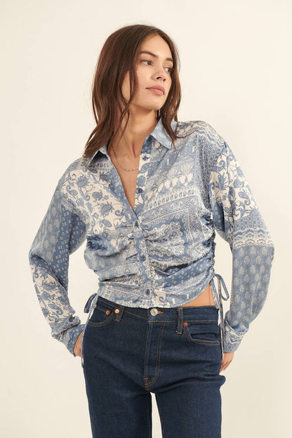 Paisley Patchwork Print Collar Neck Woven Blouse - Texas Front Porch