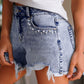 Pearl Studded Pockets Raw Hem Denim Shorts - Texas Front Porch