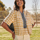 Plaid Contrast Denim Round Neck Zipper Front Top - Texas Front Porch
