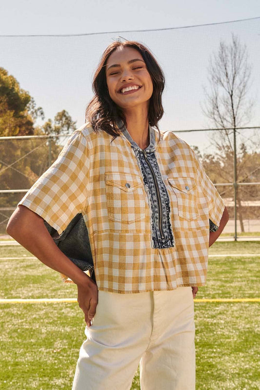 Plaid Contrast Denim Round Neck Zipper Front Top - Texas Front Porch