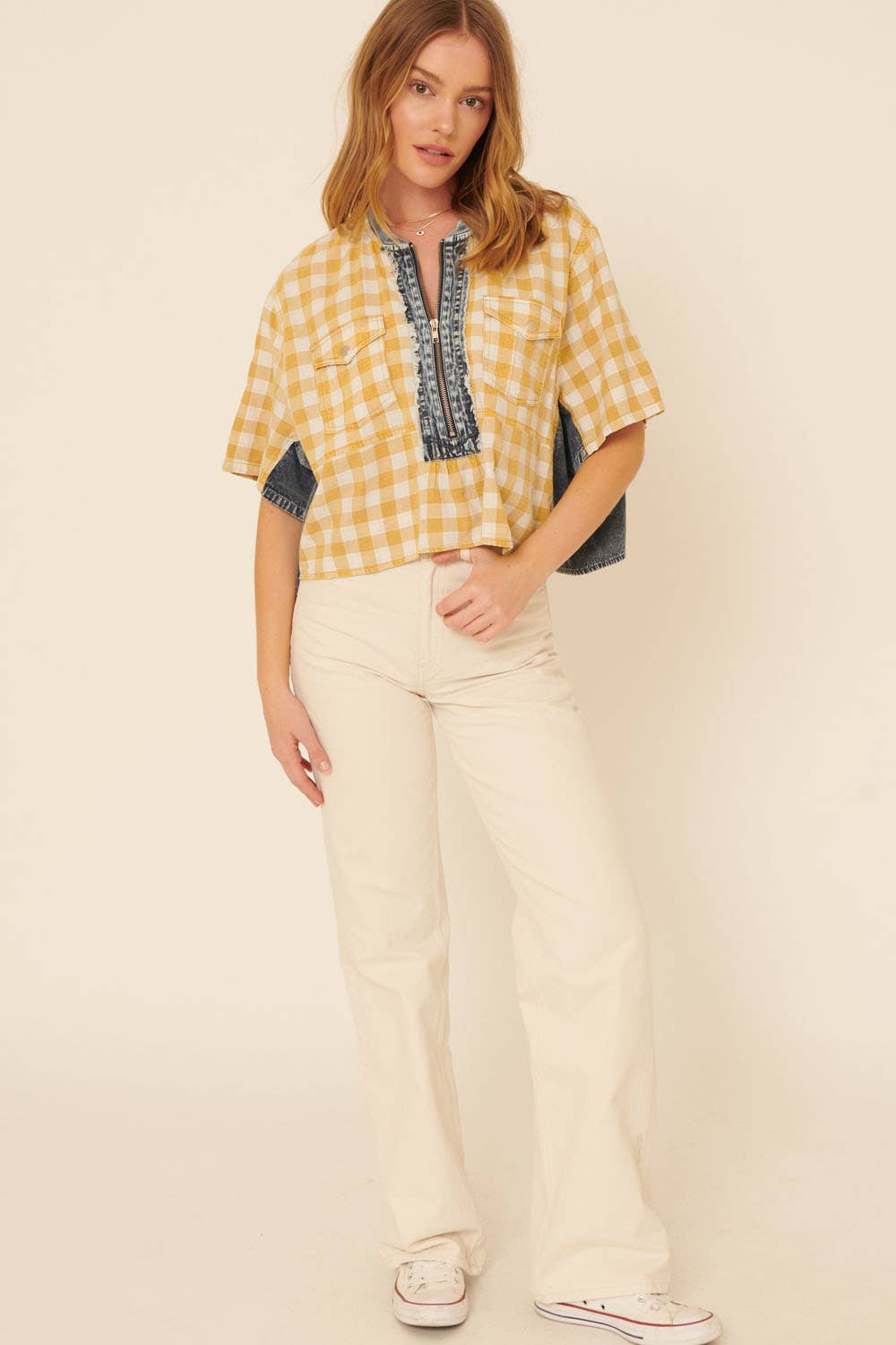 Plaid Contrast Denim Round Neck Zipper Front Top - Texas Front Porch