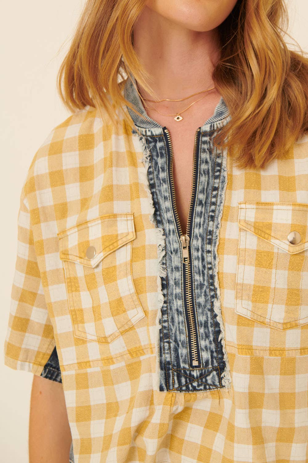Plaid Contrast Denim Round Neck Zipper Front Top - Texas Front Porch