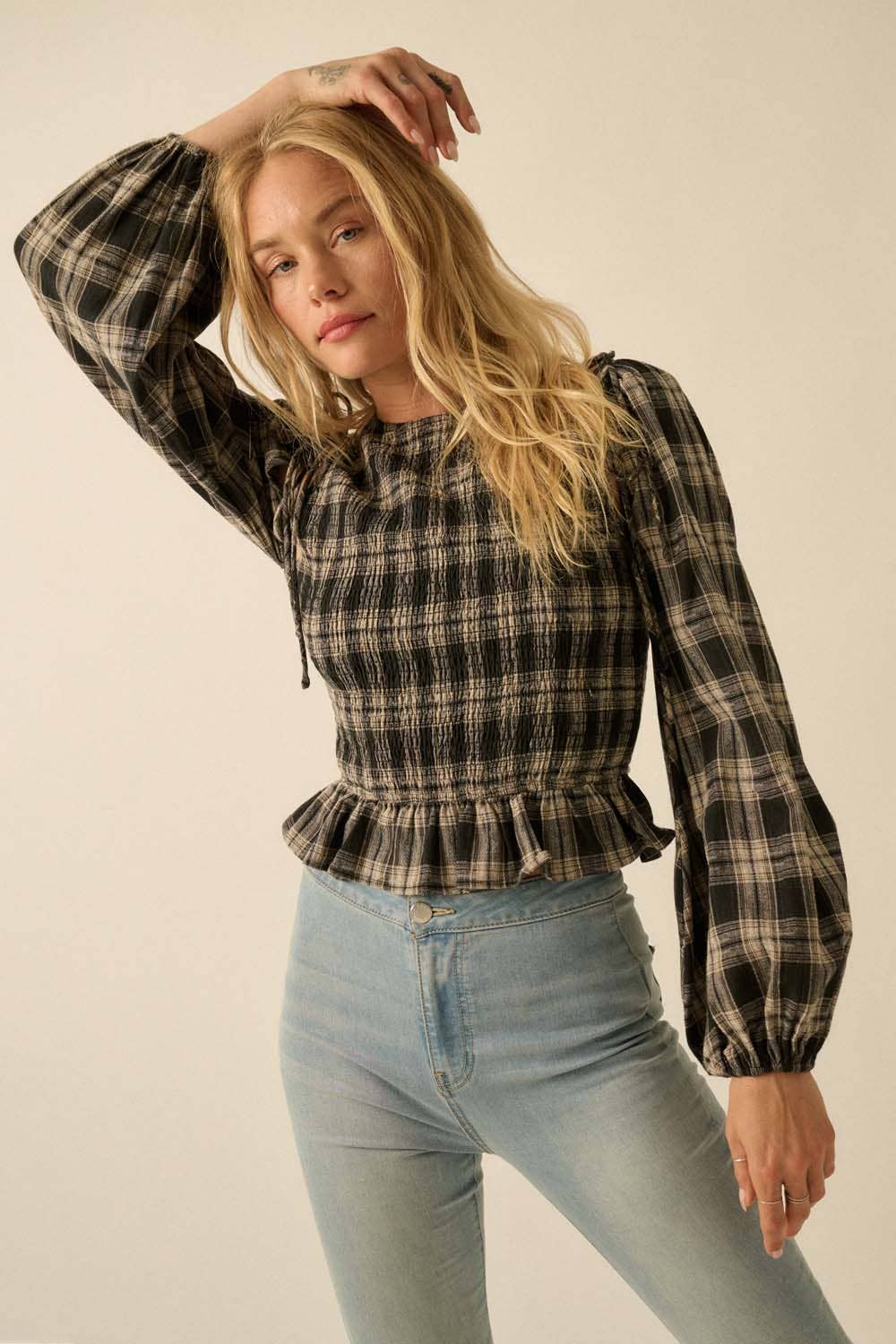Plaid Flannel Smocked Balloon - Sleeve Cropped Top - Texas Front Porch