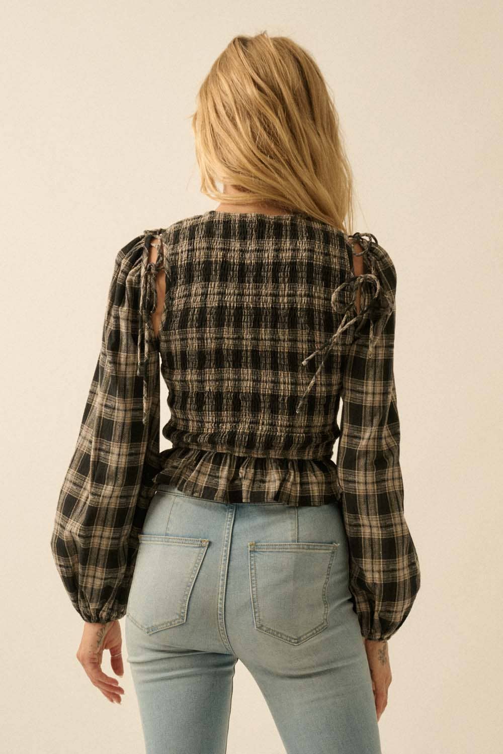 Plaid Flannel Smocked Balloon - Sleeve Cropped Top - Texas Front Porch