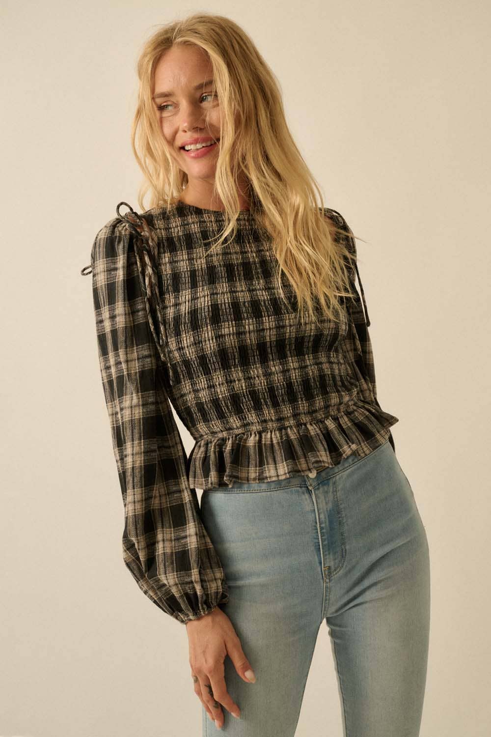 Plaid Flannel Smocked Balloon - Sleeve Cropped Top - Texas Front Porch