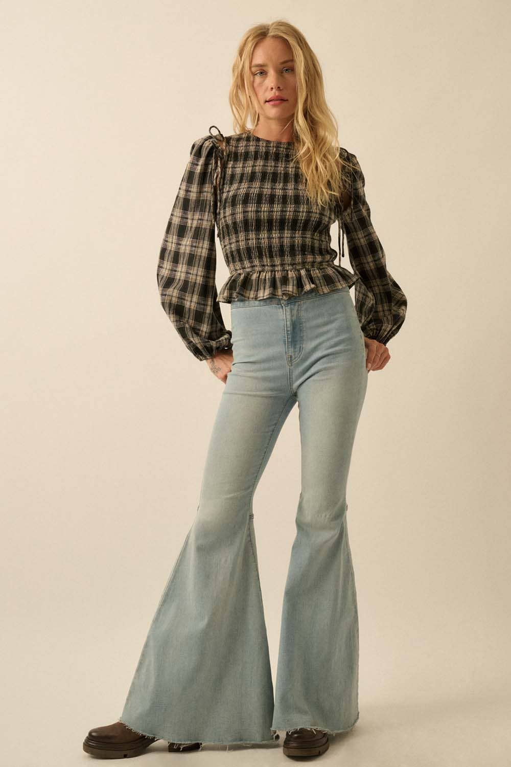 Plaid Flannel Smocked Balloon - Sleeve Cropped Top - Texas Front Porch