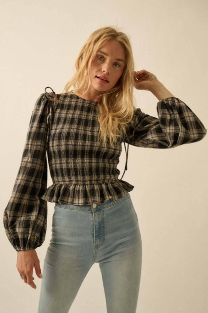 Plaid Flannel Smocked Balloon - Sleeve Cropped Top - Texas Front Porch