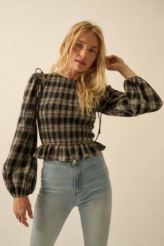Plaid Flannel Smocked Balloon - Sleeve Cropped Top - Texas Front Porch