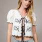 Puff Sleeve Embroidered Tie Front Blouse - Texas Front Porch