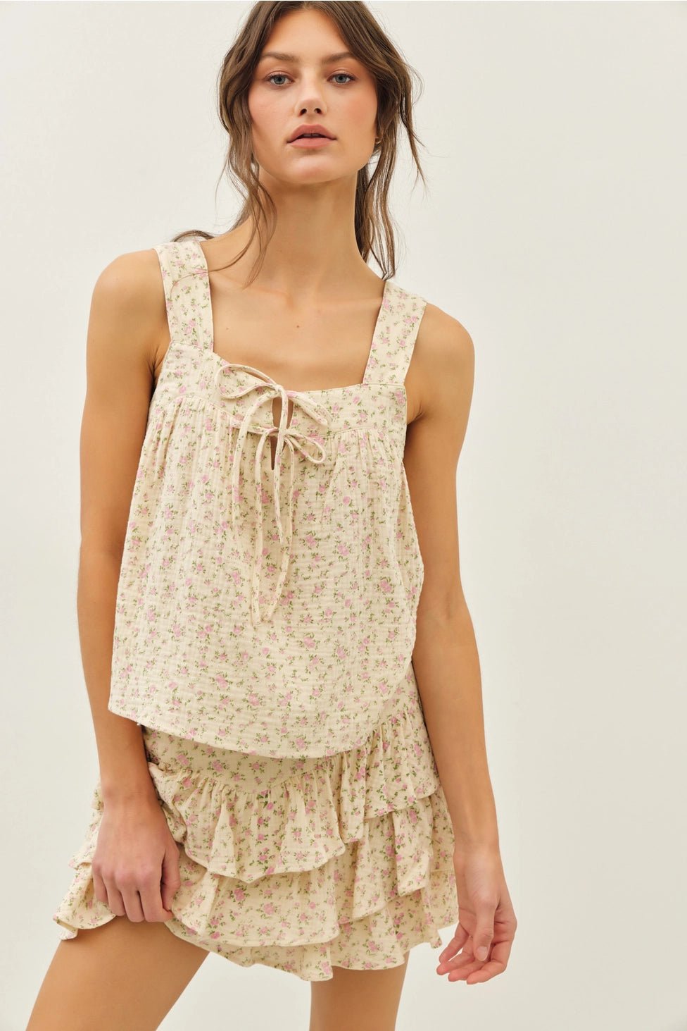 Ribbon Tie Front Square Neck Ditsy Floral Blouse - Texas Front Porch