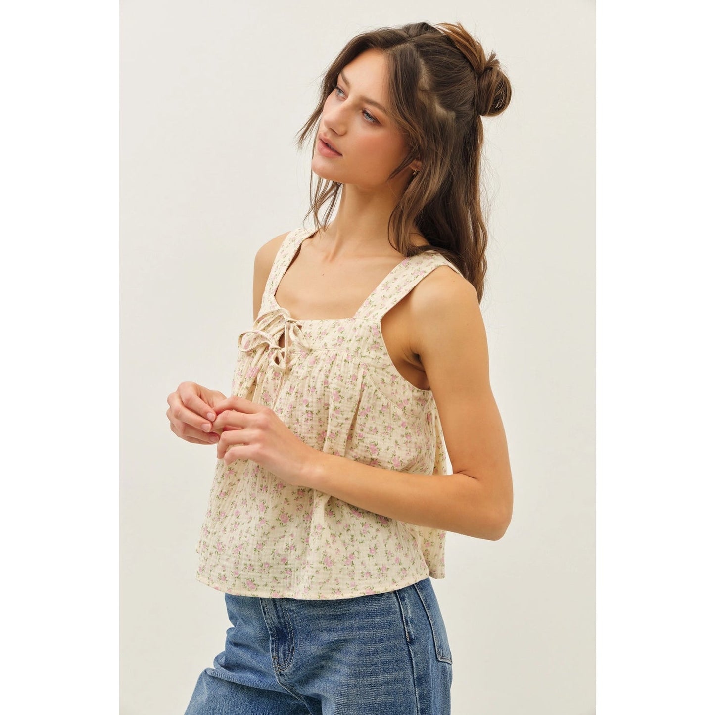 Ribbon Tie Front Square Neck Ditsy Floral Blouse - Texas Front Porch