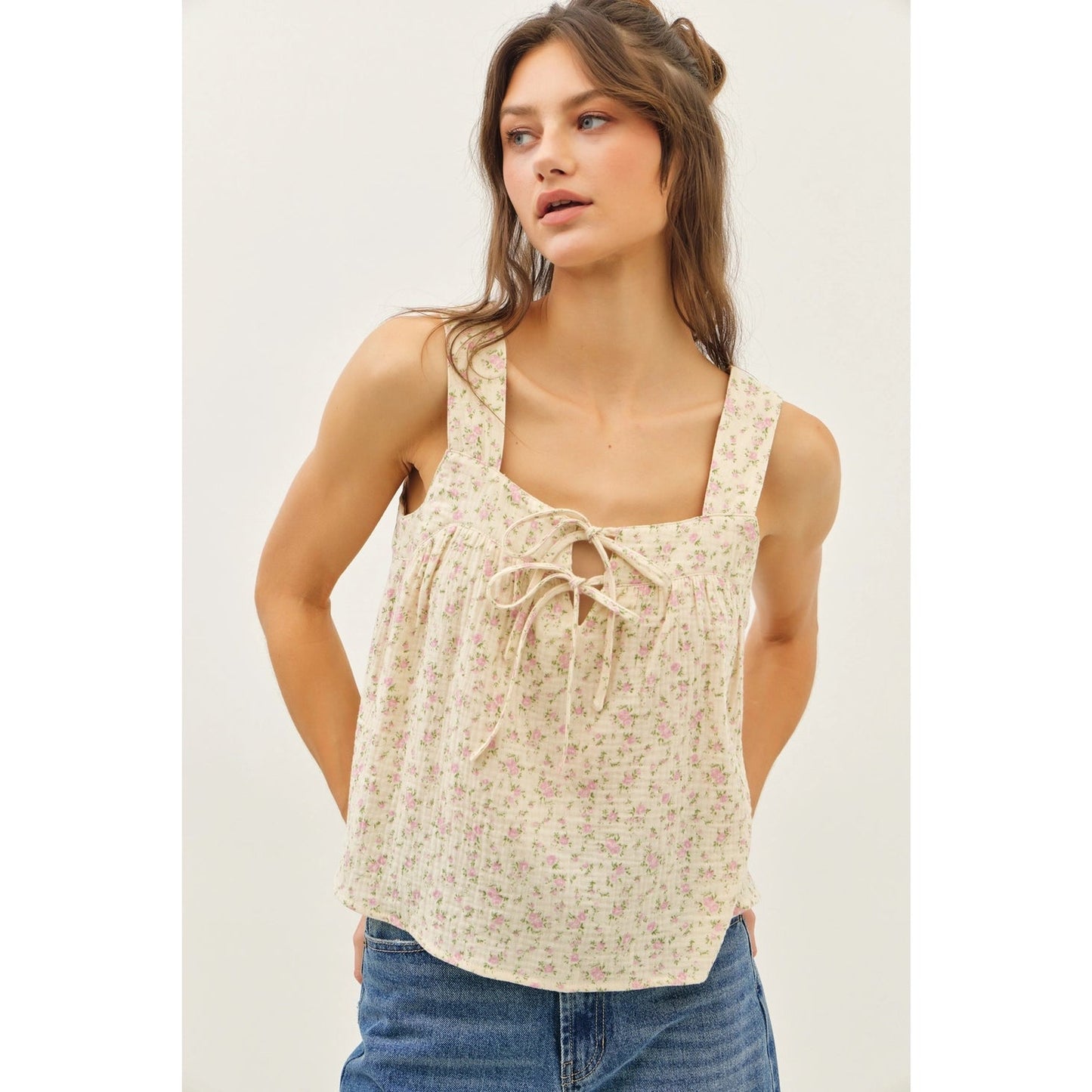 Ribbon Tie Front Square Neck Ditsy Floral Blouse - Texas Front Porch