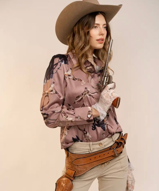 Satin Western Vintage Print Shirt - Texas Front Porch