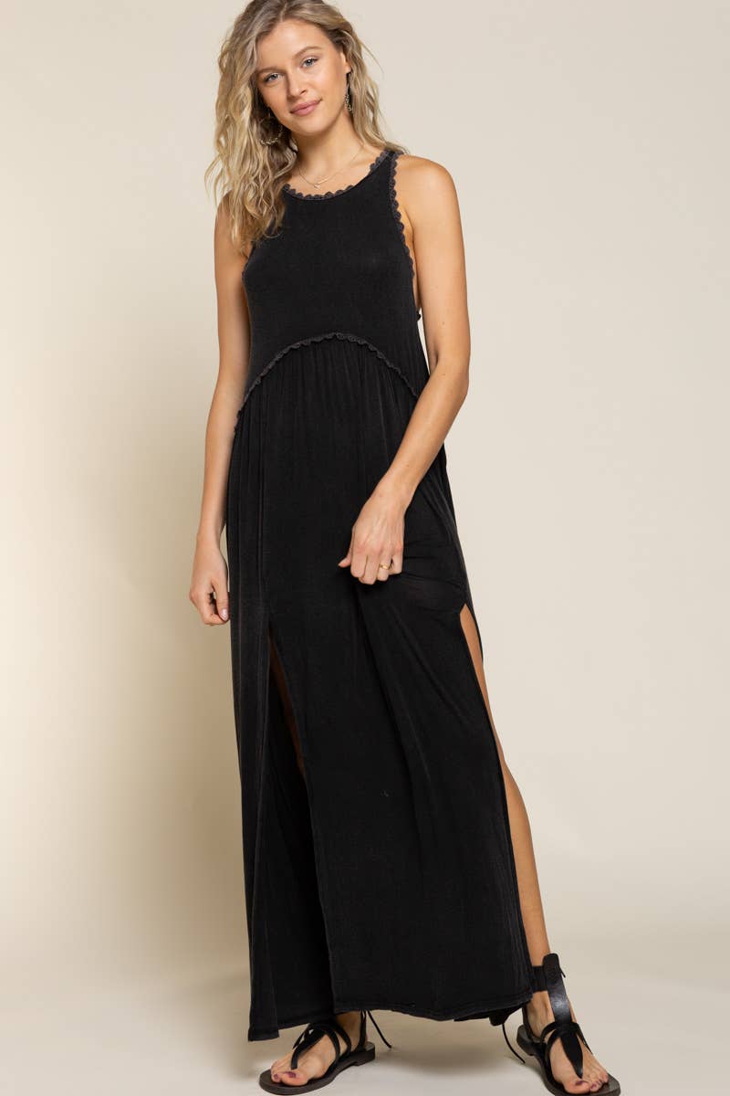 Sleeveless racerback back zipper front slit knit maxi dress - Texas Front Porch