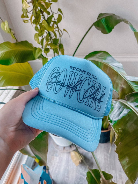 Welcome to the Cowgirl Beach Club,  Summer Trucker Hat - Texas Front Porch