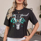 Western Bull Head Skull Turquoise Aztec T-Shirt - Texas Front Porch