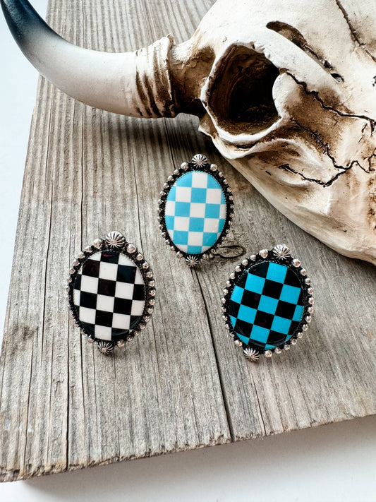 Western Checkered Cuff Ring - oval or lightning bolt - Texas Front Porch
