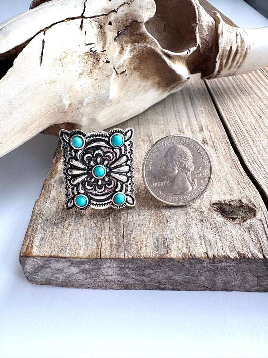 Western Conch Turquoise Stone Concho Adjustable Ring - Texas Front Porch