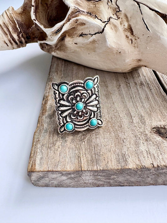 Western Conch Turquoise Stone Concho Adjustable Ring - Texas Front Porch