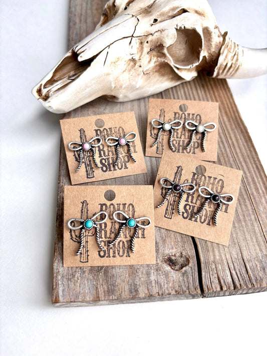 Western Coquette Bow Stone Stud Earrings - Texas Front Porch