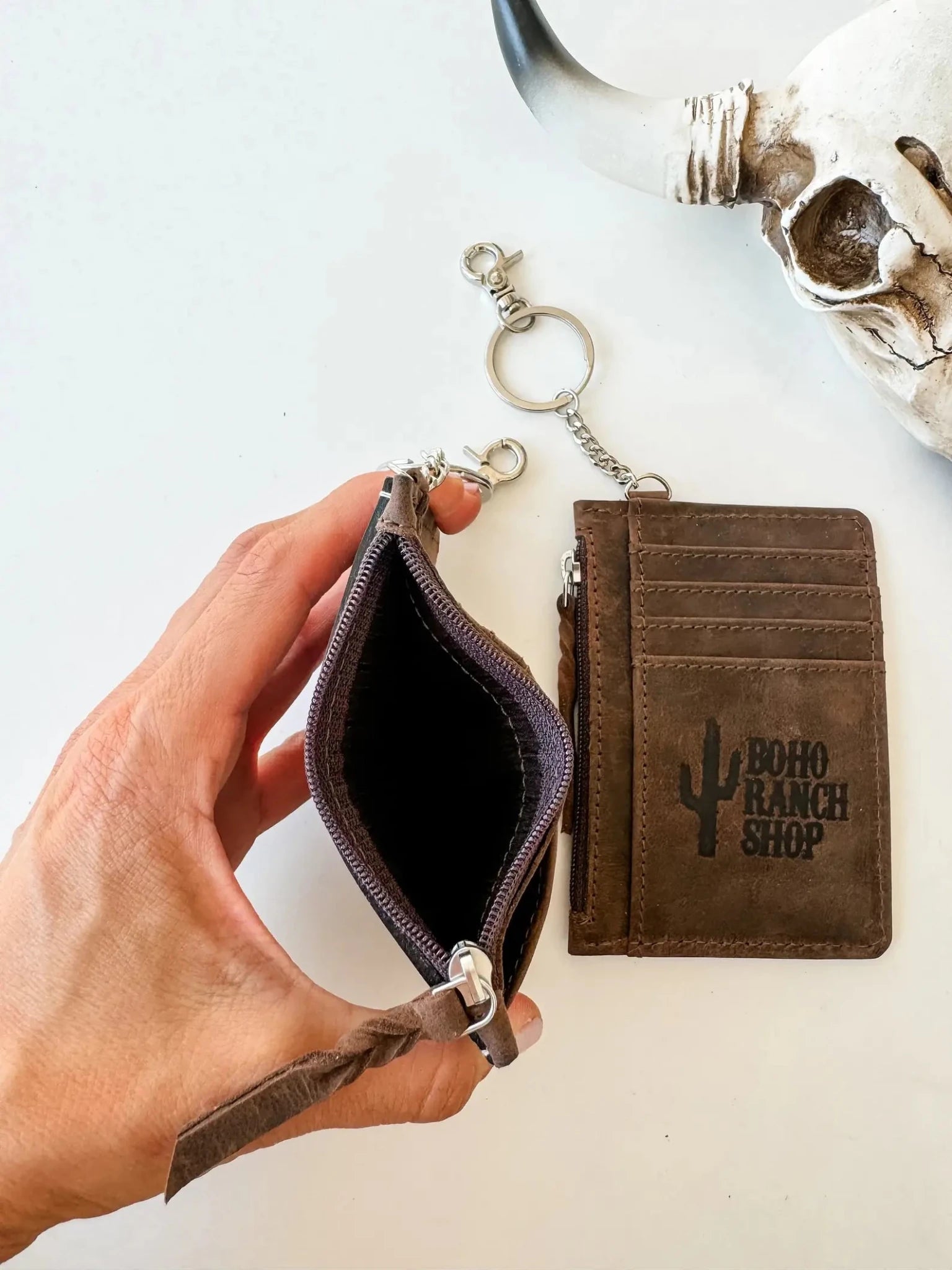 Western Cowhide Leather Keychain Wallet Longhorn - Texas Front Porch