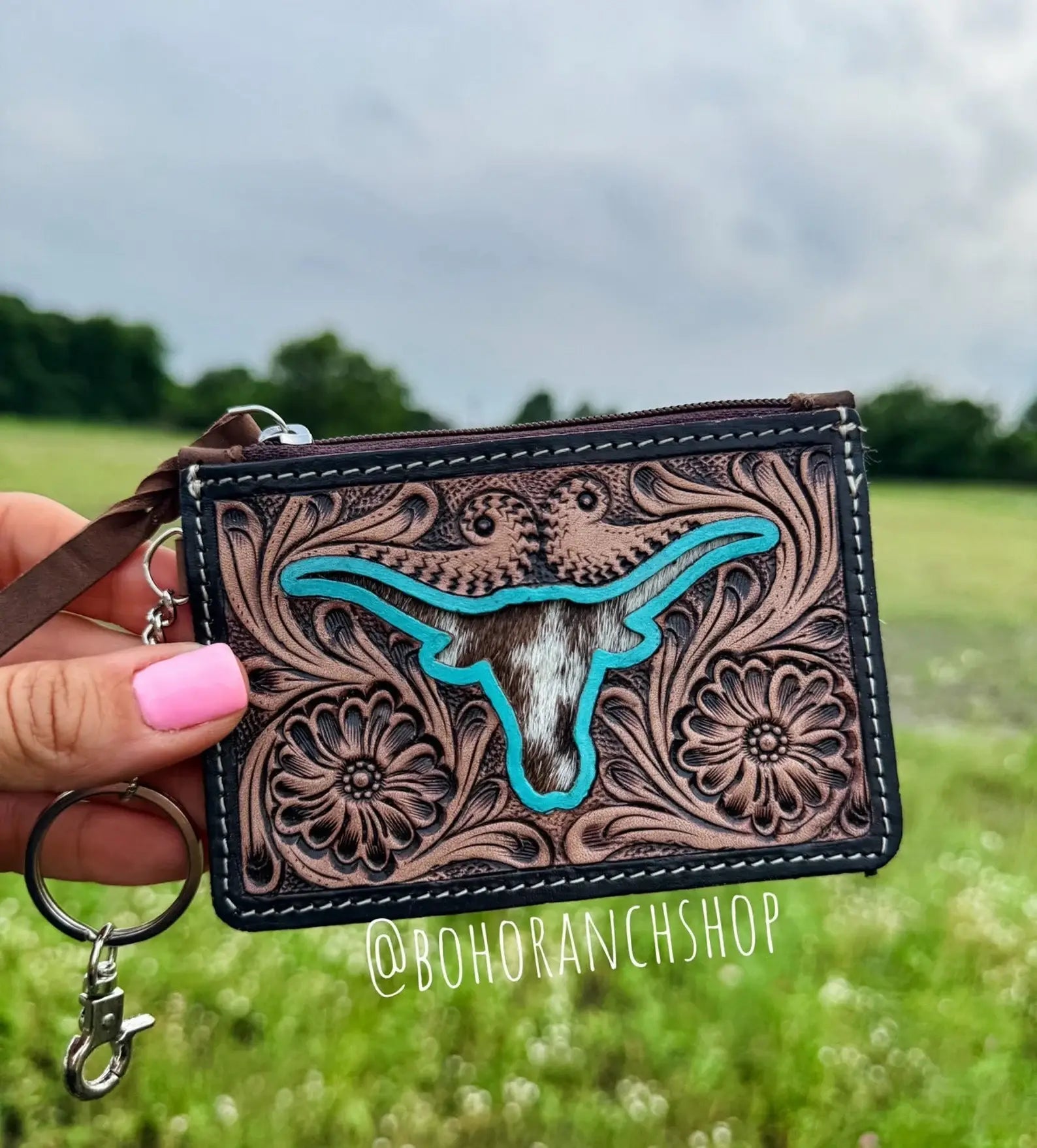 Western Cowhide Leather Keychain Wallet Longhorn - Texas Front Porch