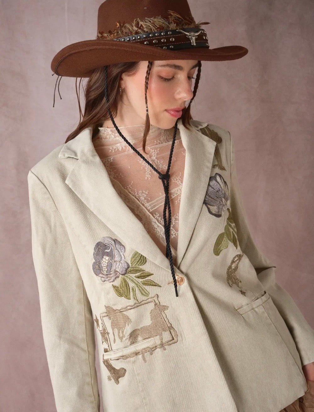 Western Floral Embroidered Denim Blazer - Texas Front Porch