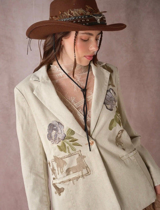 Western Floral Embroidered Denim Blazer - Texas Front Porch
