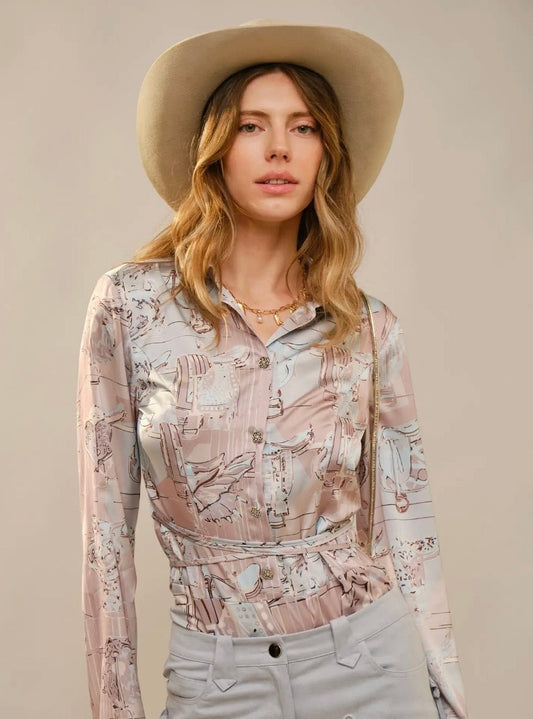 Western Motif Printed Bodysuit - Texas Front Porch
