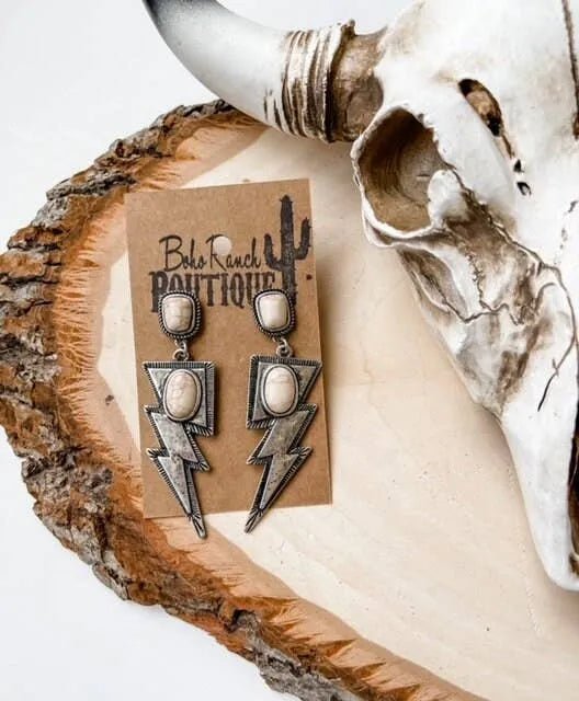 Metal Thunder Lightning Bolt w/ Color Stone Earrings - Texas Front Porch
